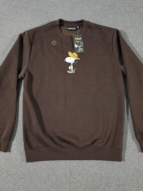 Peanuts Snoopy Mens Cowboy Fleece Sweatshirt Brown Embroidered Western Size M